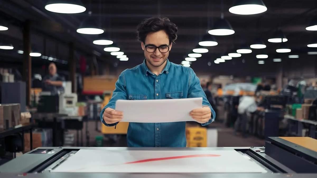 Worker examining a printed sample sheet in a print workshop