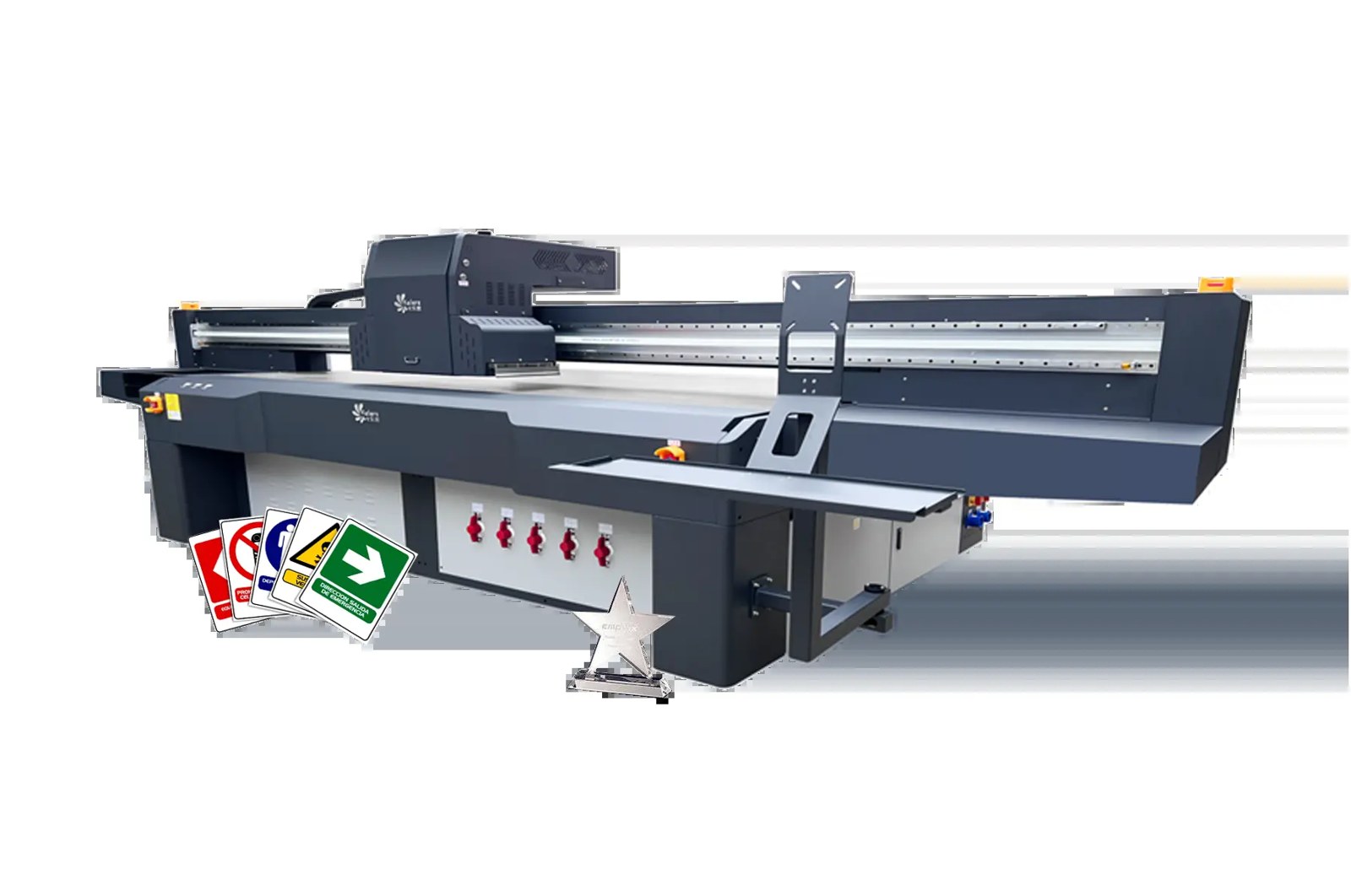 Large-format UV hybrid printer with a flatbed and media feed